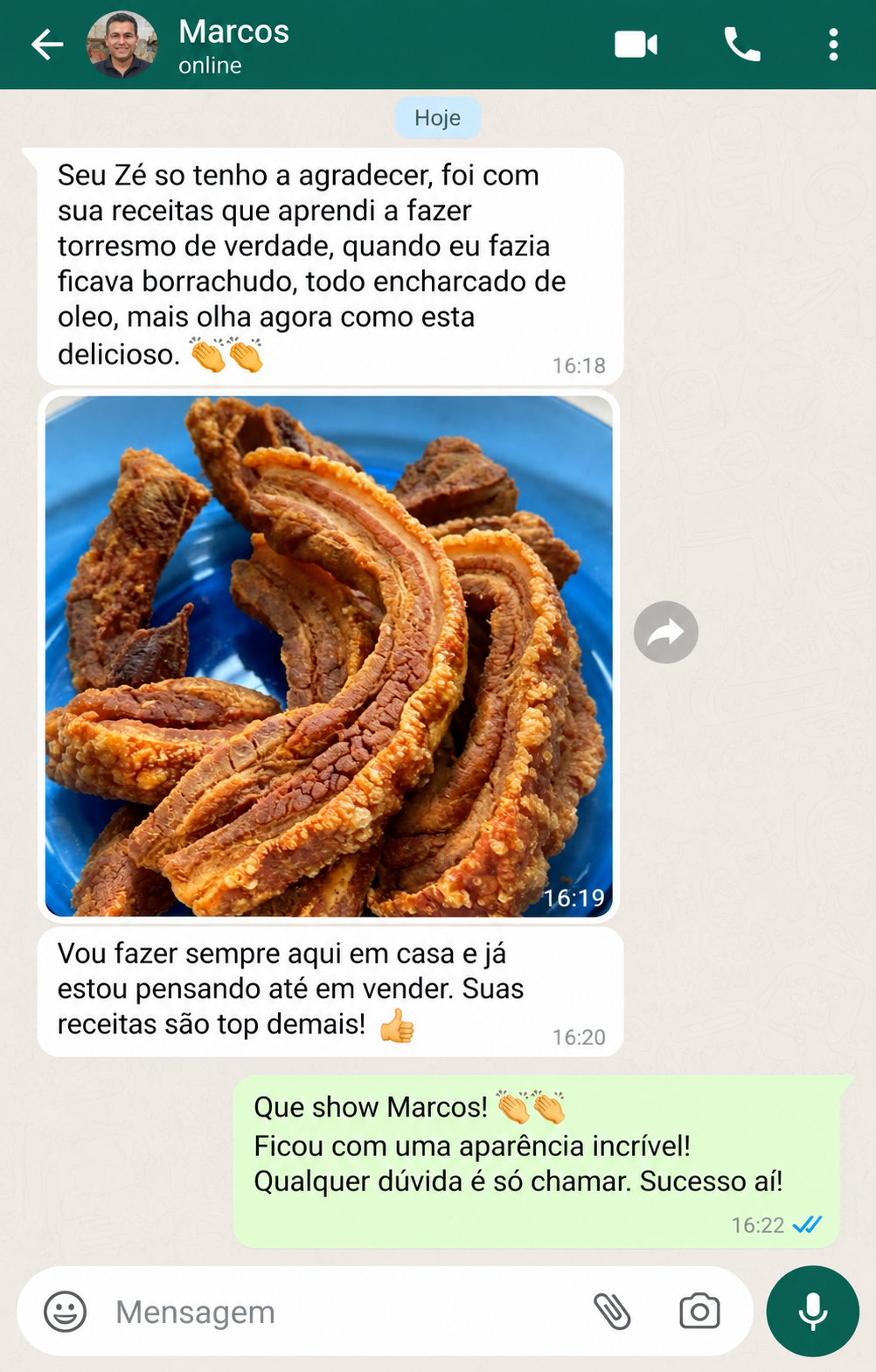 Depoimento de Marcos no WhatsApp: aprendeu a fazer torresmo de verdade com as receitas do Seu Zé