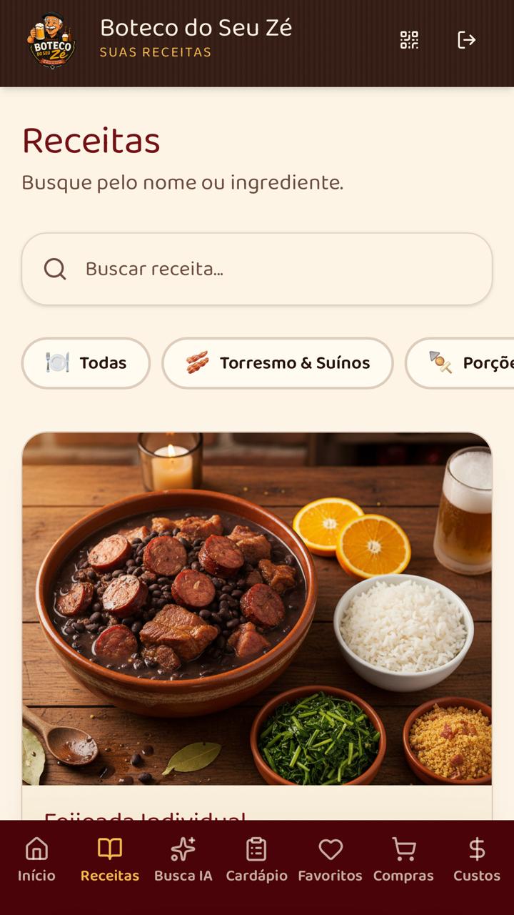Tela de receitas do app Boteco do Seu Zé